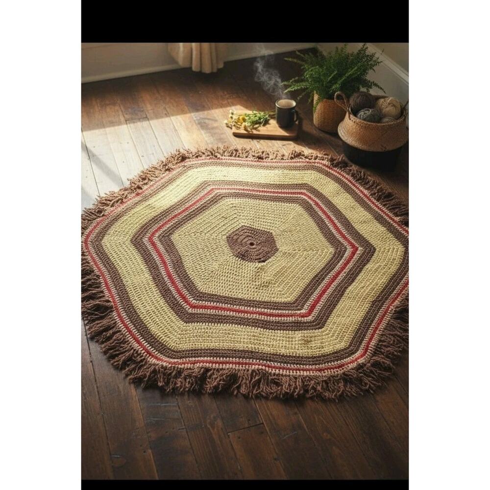 Vintage Handmade Brown Yellow Hexagon‎ Crochet Grannycore Knit Fringe Rug 55"